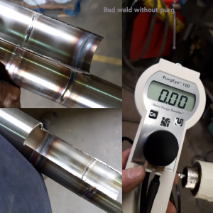 Left: Comparison welds made with and without purging – noticeable difference. Right: PurgEye 100® Weld Purge Monitor